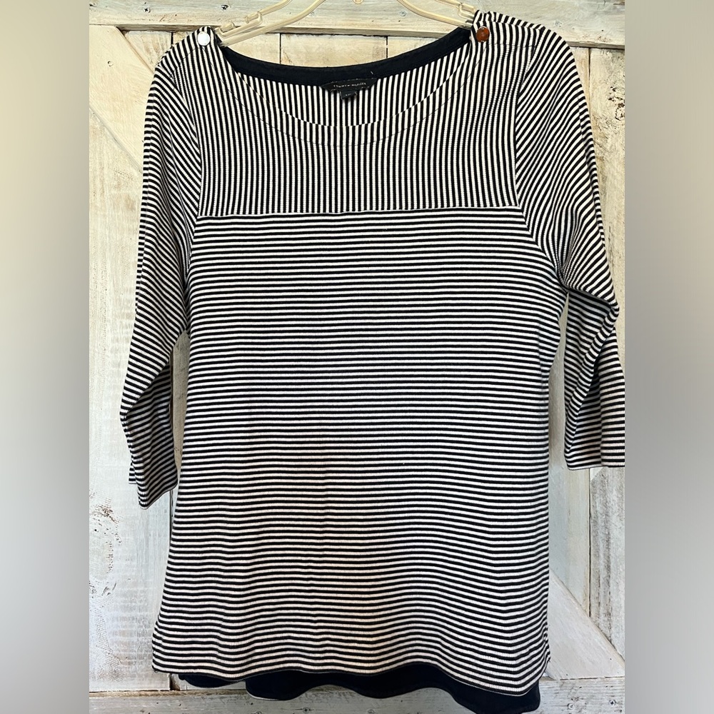 Tommy Hilfiger Women's White Navy Blue Ribbed Knit 3/4 Sleeve Blouse Size Large